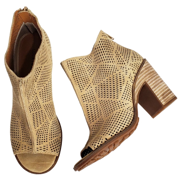 New Lucky brand vacob open toe chunky heel perforated suede ankle booties tan - Picture 4 of 13